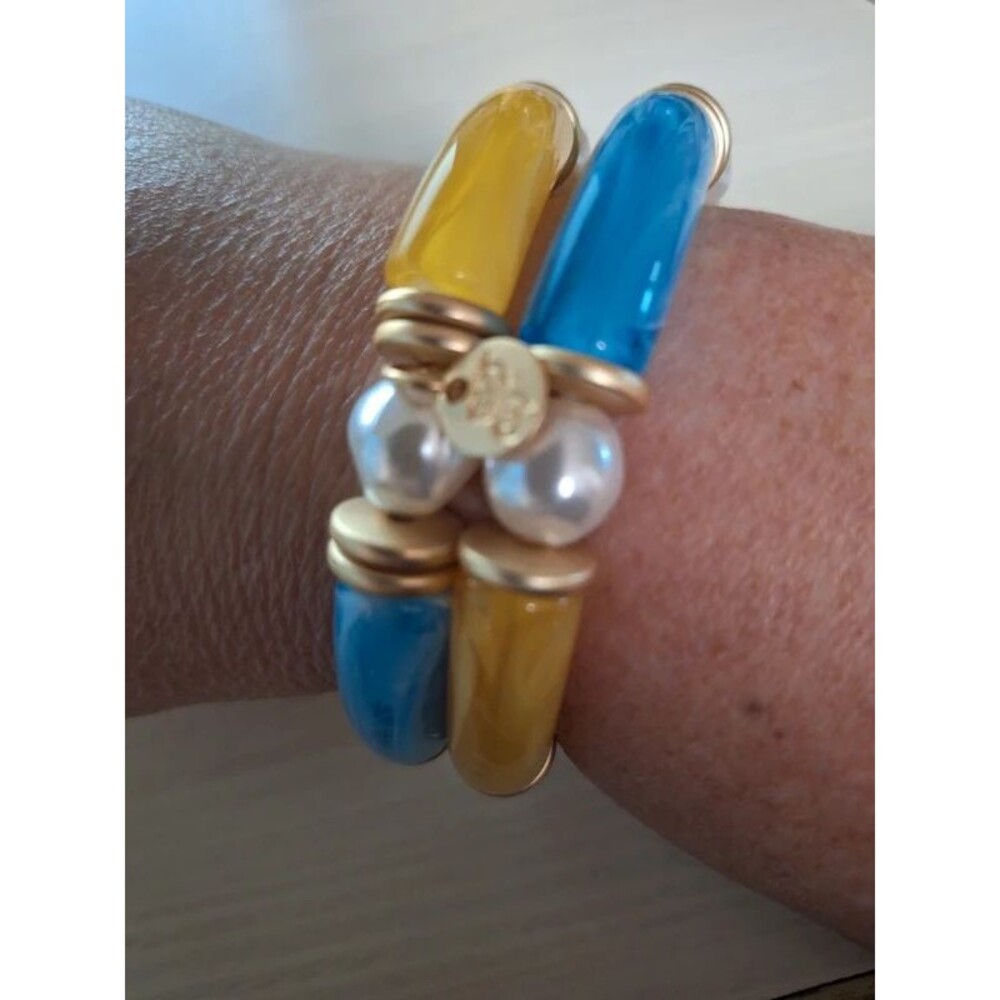 2 - Blue, Yellow and Pearl Accent Stretchy Bracelets.